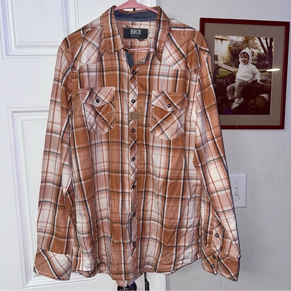 BKE Buckle Men's Orange Plaid Shirt Button Down - Picture 1 of 6